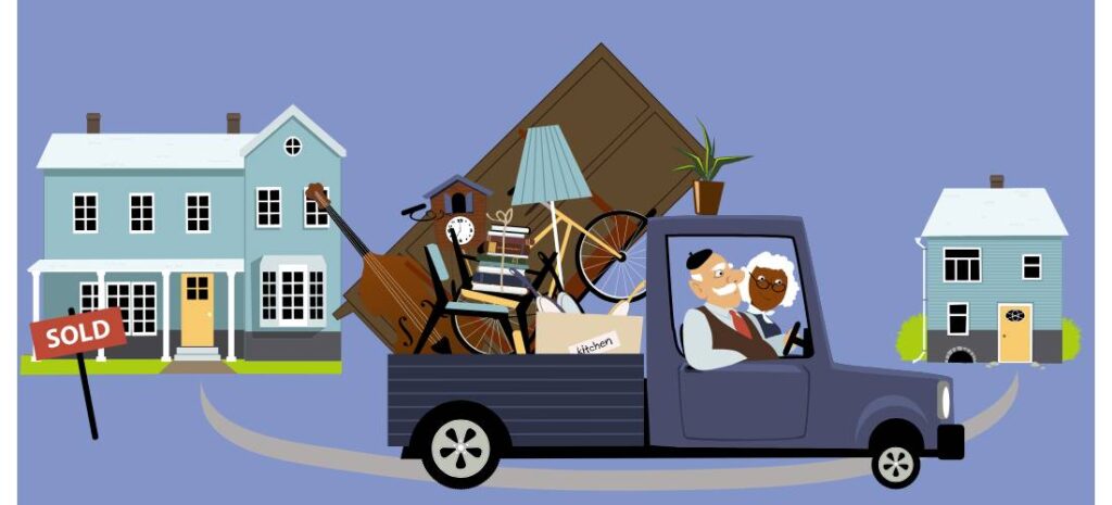 Illustration of senior couple moving their belongings