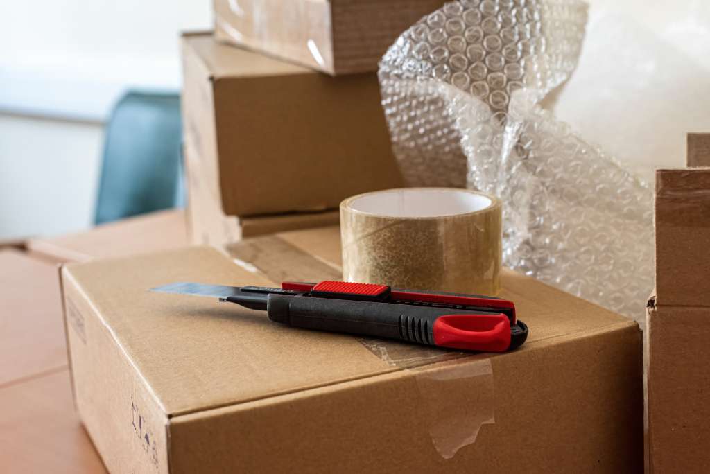 Packing tape, bubble wrap and boxes