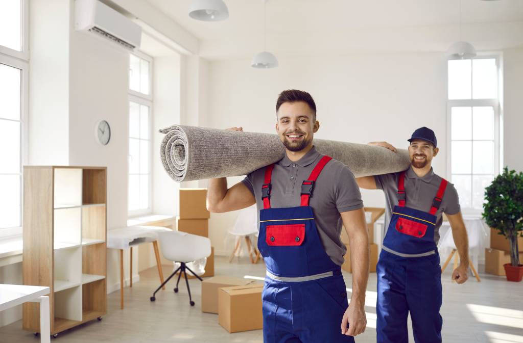 Happy removal company male workers unpack